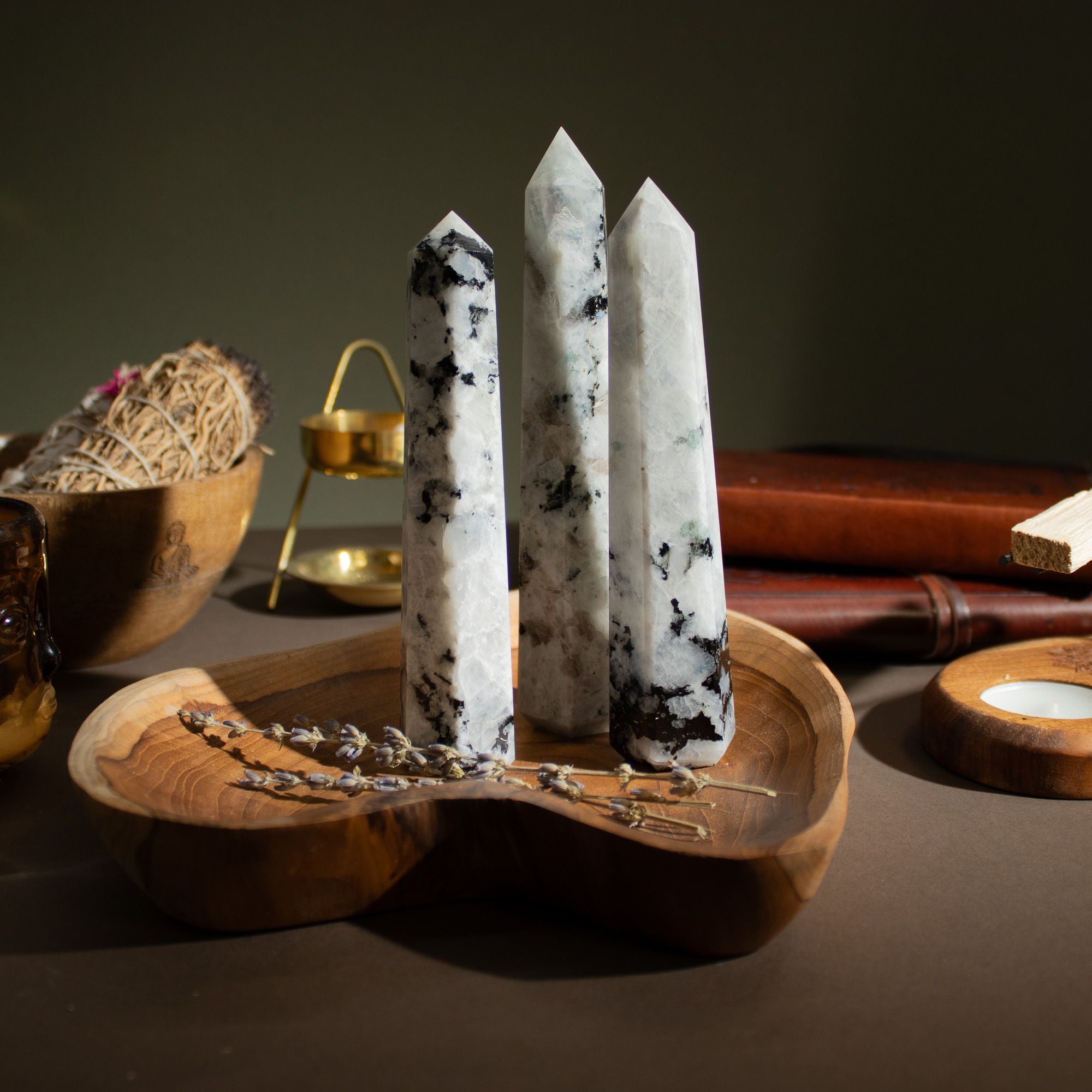 Gemstone Six Face Obelisk Point approx 17cm - Rainbow Moonstone