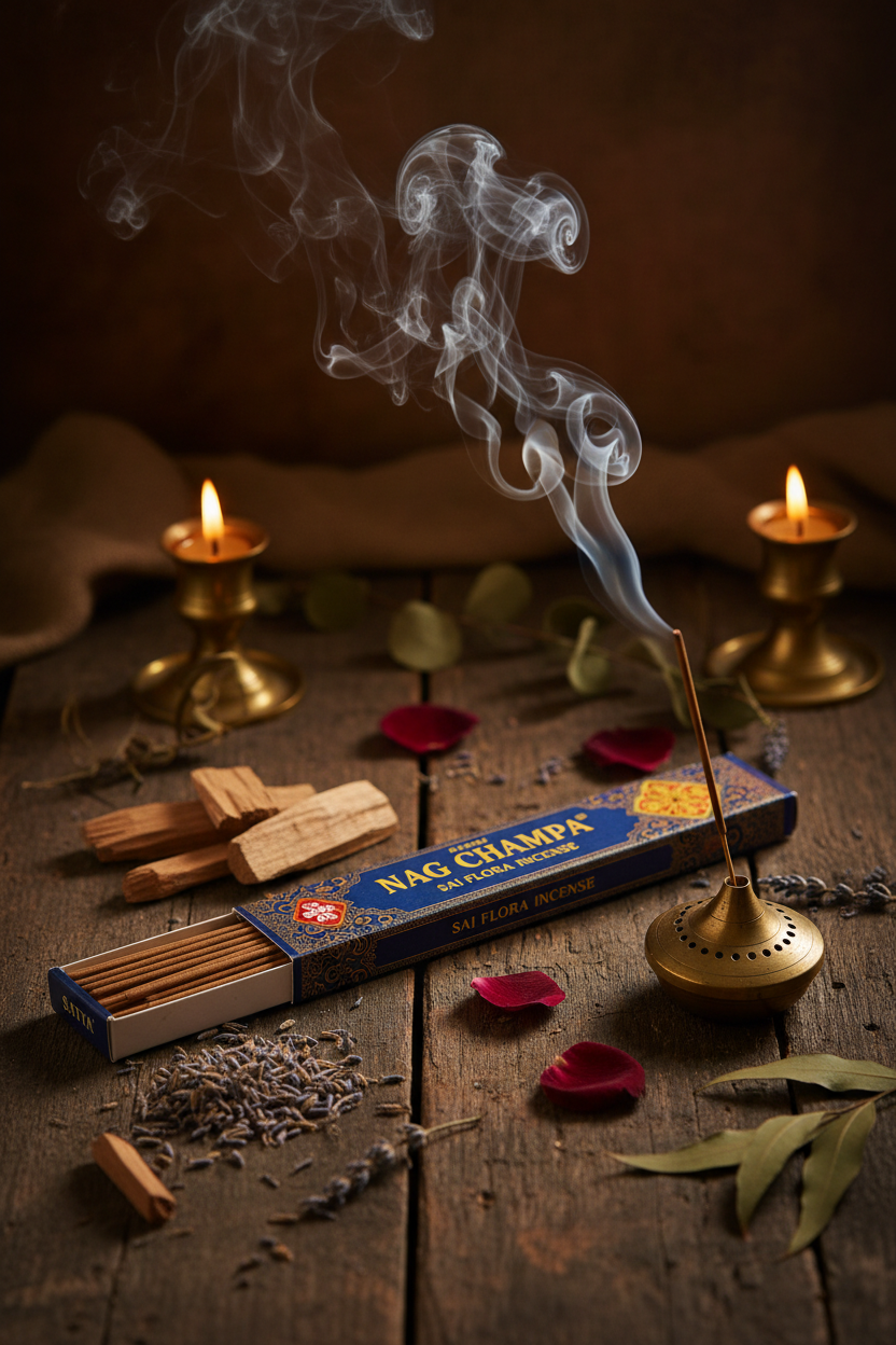 Nag Champa incense sticks with wisps of smoke, sandalwood chips, dried flowers and brass incense holder on dark wood